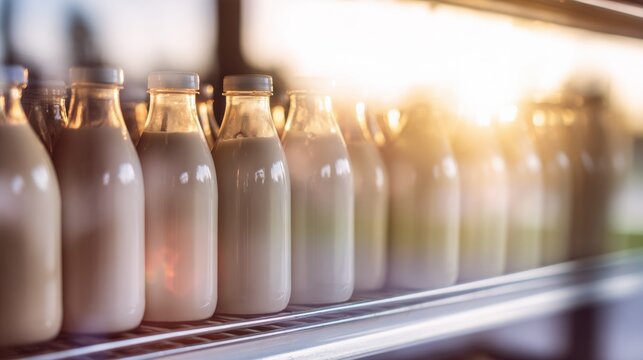 Bottles of milk stored in a refrigerated display during sunset