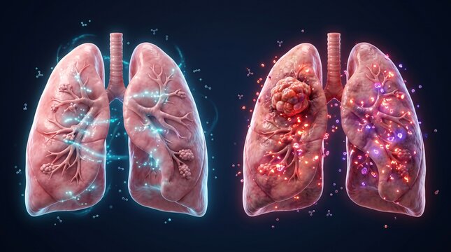 Comparison of healthy human lung anatomy and diseased lung tissue with respiratory system lung health medical imaging biology educat