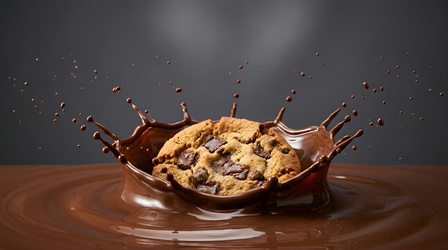 Chocolate Chip Cookie with Chocolate Splash for Product Splash Photography on Dark Background