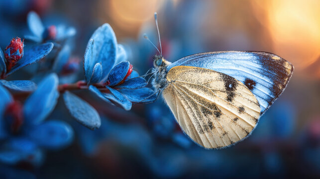 Butterfly perched on blue leaves during golden hour in a serene garden