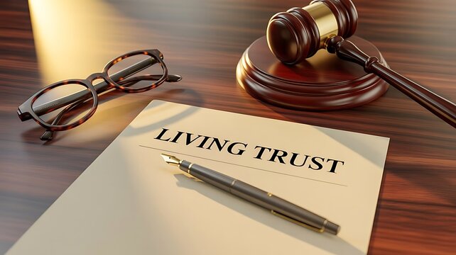 Legal document titled living trust with a fountain pen, reading glasses, and a wooden judge gavel on a polished dark wooden office desk surface