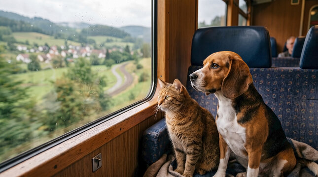 Beagle dog and tabby cat looking out train window at green rural landscape for pet-friendly travel blogs, animal companionship websites, and railway journey marketing