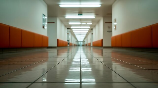 Long empty hospital corridor with white walls and orange accents featuring bright overhead fluorescent lights and reflective tiled flooring