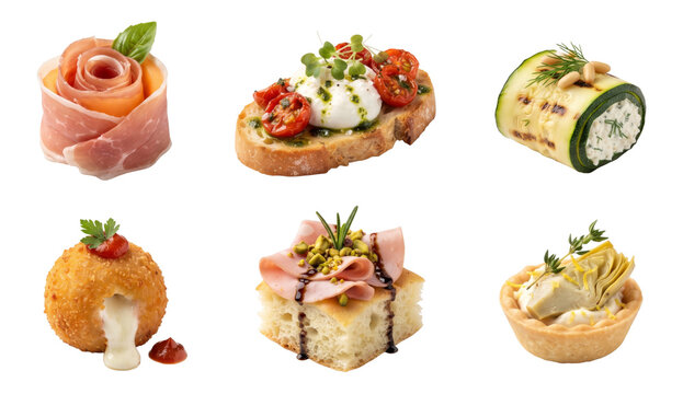 gourmet appetizers collection with prosciutto bruschetta zucchini roll croquette and tartlet