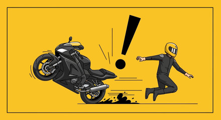 Obraz premium Motorcycle accident warning illustration of rider and black bike danger