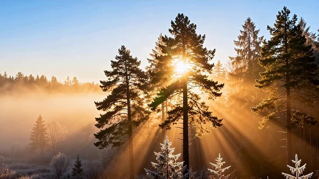 Sunlight through tall pine trees in misty forest