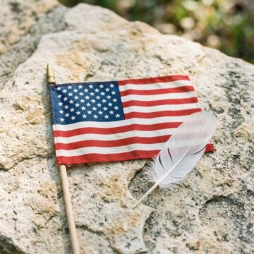 American flag and white feather on a rock.