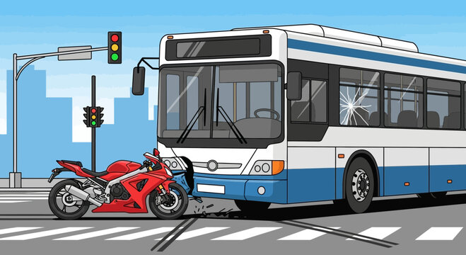 Motorcycle collides with bus at intersection illustration accident
