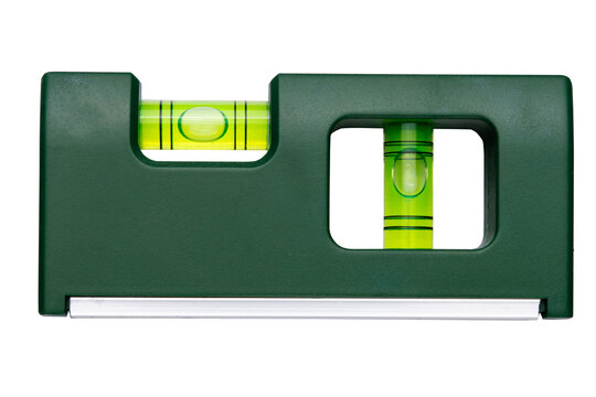 A small green spirit level. Small bubble level. Small green level isolated on a transparent background