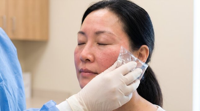 Doctor applying cold ice pack to sensitive red face of female patient after dermatology clinic treatment