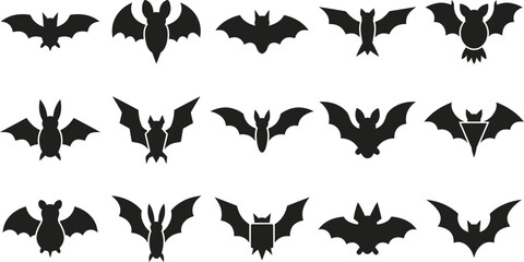Fototapeta premium A collection of fifteen different black bat silhouettes isolated on a white background for halloween decorations and graphic design project elements