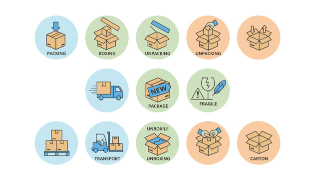 Packaging and delivery service icons featuring packing, boxing, unpacking, transport, fragile, and carton boxes.