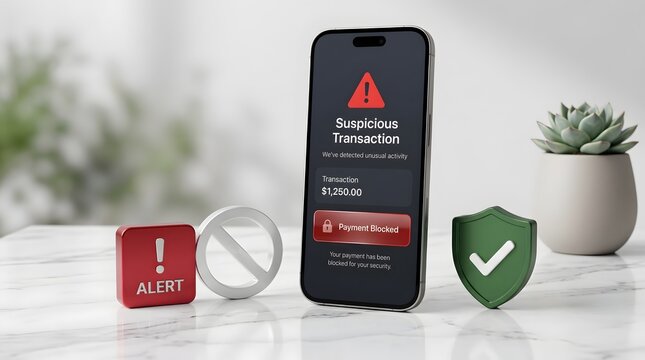 Fintech fraud prevention alert displaying a blocked suspicious financial transaction on a smartphone screen with security icons