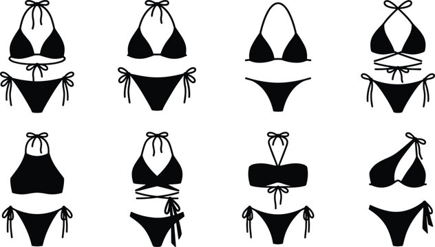 Set of black silhouette women's bikini and two piece swimwear flat vector illustration icons for summer fashion