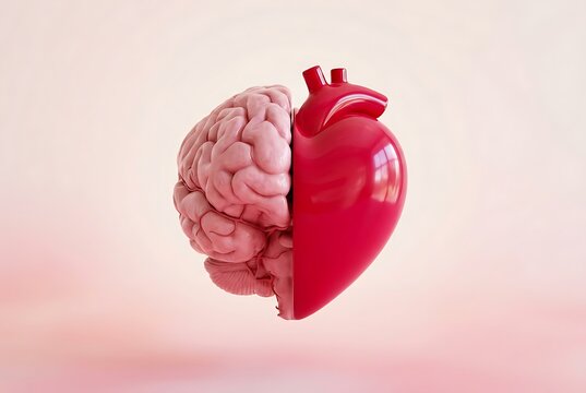 Human brain and heart halves combined, representing emotion and logic. Mind and Body concept