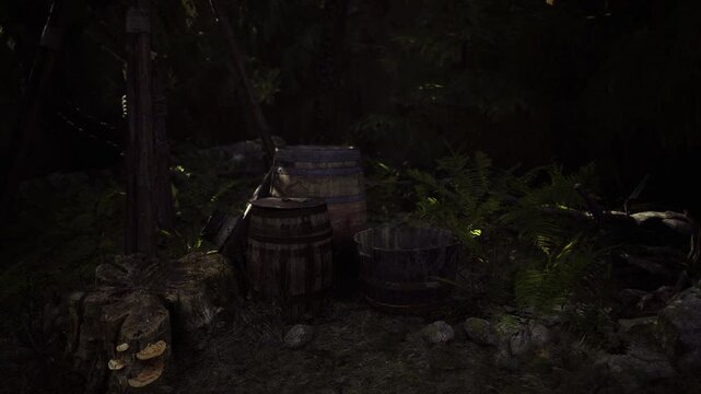 Stacked wooden barrels beside old pine tree, mossy forest floor and damp leaves, rustic scene evoking abandoned storage and rural supply cache.