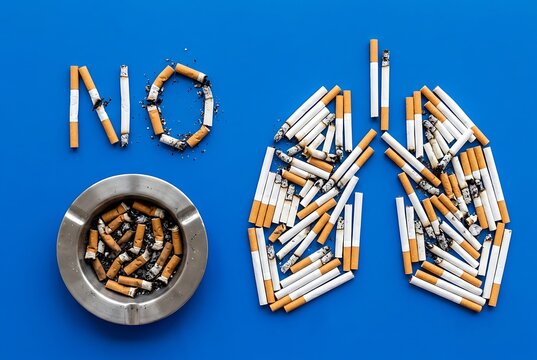 Cigarette butts form lungs and 'NO' sign, highlighting smoking's harm and health awareness. Anti-smoking and health concept