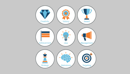 Fototapeta premium Set of nine circular business achievement and goal icons including trophy, target, chessboard, and lightbulb.
