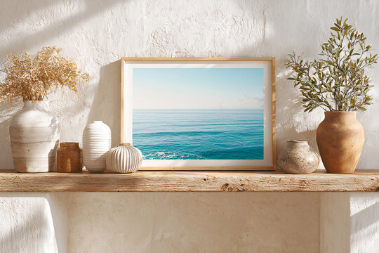 Minimalist coastal interior decor with framed ocean art on wooden shelf