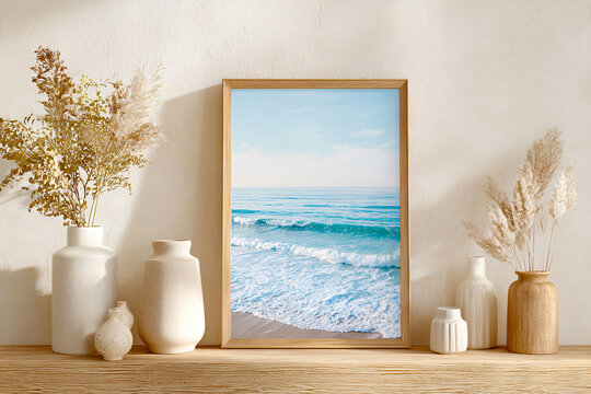 Framed ocean seascape art print on wooden shelf with dried flowers
