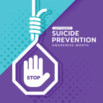 Suicide prevention awareness month - White stop hand in hanging sign on teal purple background vector design