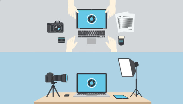 Workspace of a professional photographer shown in top view and front view flat illustrations featuring camera equipment and laptop.
