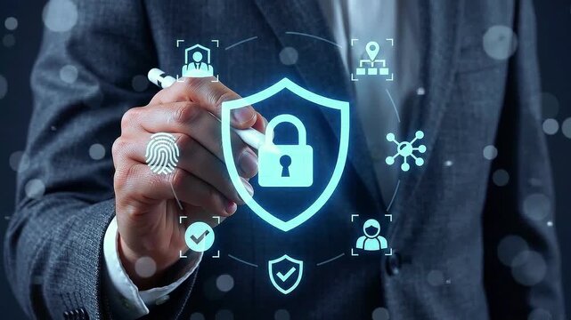 Digital Security Concept: A businessman in a suit draws a glowing digital security shield with a lock icon, surrounded by network and user icons, illustrating cybersecurity and data protection.