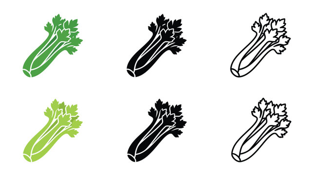Set of celery vegetable icons in color, black silhouette, and line art outline styles