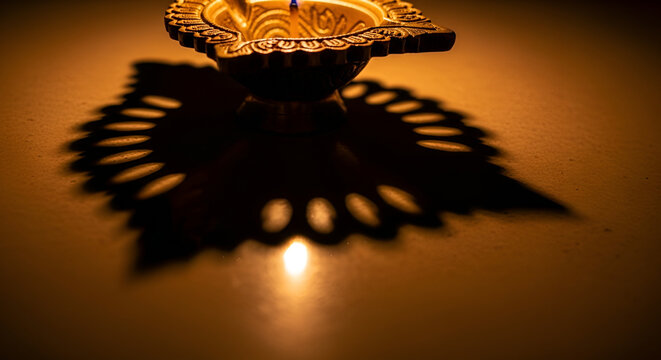 Traditional Indian Diya Lamp with Warm Light and Intricate Shadow Pattern