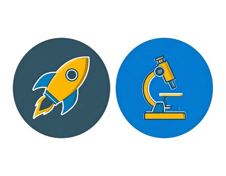 Set of modern flat circular icons representing science and space exploration with a rocket and a microscope.