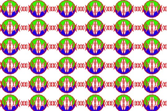 Repeating abstract circular icons with red zig-zag wave lines pattern on white background