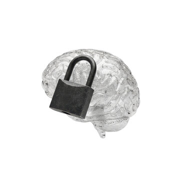Human Brain Model Secured with a Metal Padlock