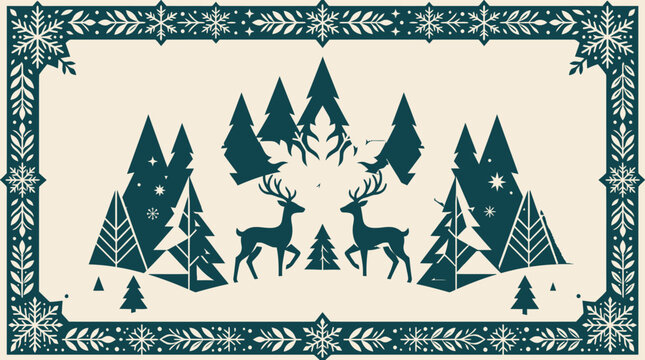 Winter wonderland greeting card design with deers and pine trees in a retro geometric style