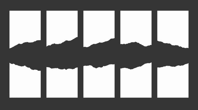 Set of ten torn paper frames, five above and five below, isolated on a dark background, with ragged edges creating a gap