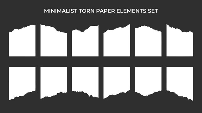 Minimalist white torn paper edges and ripped border templates set on dark background