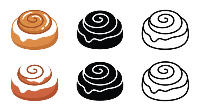 Set of cinnamon rolls icons in color silhouette and outline styles for bakery and dessert design