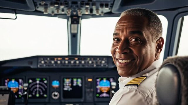 A Smiling African American Pilot Sits Confidently in the Modern Aircraft Cockpit Prepared for a Professional Flight Operation
