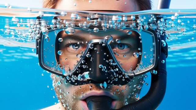 Portrait of a man wearing a scuba diving mask submerged in clear blue ocean water with rising bubbles