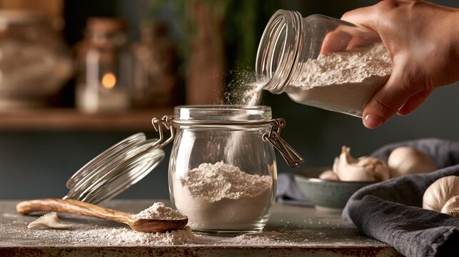 National Diatomaceous Earth Day: wide banner photograph of diatomaceous earth powder being poured into a glass jar on a rustic shelf