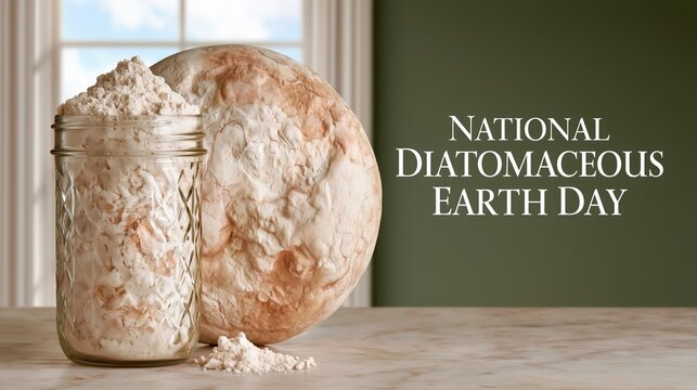 National Diatomaceous Earth Day: banner photograph,large empty negative space on the right side for text overlay, "National Diatomaceous Earth Day" bold clean typography on the right