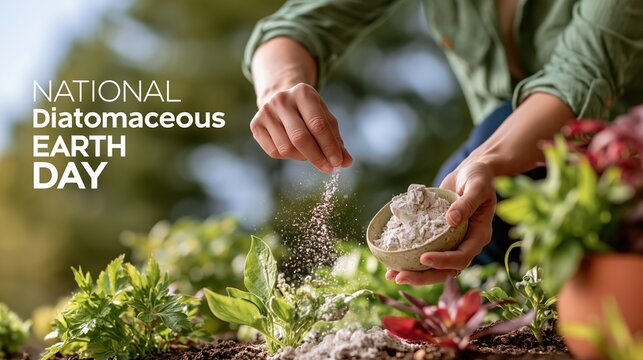 National Diatomaceous Earth Day: wide banner photograph of a gardener sprinkling diatomaceous earth around plants, "National Diatomaceous Earth Day" modern minimalist typography on the left side