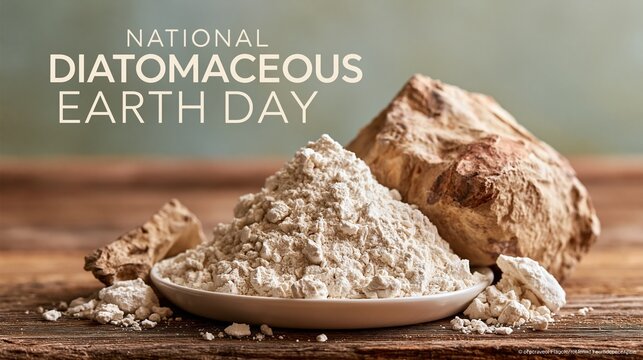 National Diatomaceous Earth Day: banner photograph,large empty negative space on the right side for text overlay, "National Diatomaceous Earth Day" bold clean typography on the right