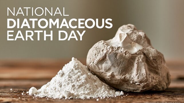 National Diatomaceous Earth Day: banner photograph,large empty negative space on the right side for text overlay, "National Diatomaceous Earth Day" bold clean typography on the right
