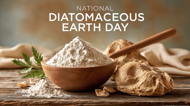 National Diatomaceous Earth Day: banner photograph,large empty negative space on the right side for text overlay, "National Diatomaceous Earth Day" bold clean typography on the right