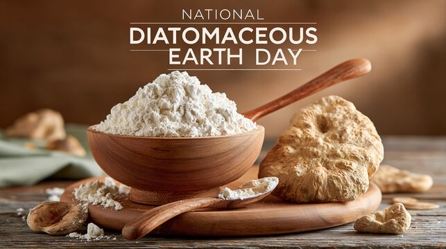 National Diatomaceous Earth Day: banner photograph, close-up of diatomaceous earth powder and raw fossil rock on a rustic wooden surface, "National Diatomaceous Earth Day"