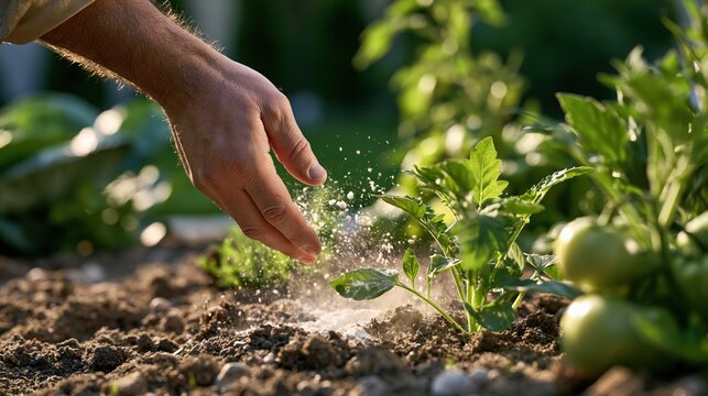 National Diatomaceous Earth Day: a gardener's hand sprinkling diatomaceous earth powder around the base of vegetable plants in a garden bed