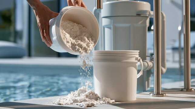 National Diatomaceous Earth Day: diatomaceous earth used as a natural pool filter additive, powder being added near a swimming pool filtration system