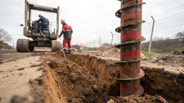 Close-up of a heavy-duty earth auger drilling a deep foundation hole during infrastructure construction. Professional civil engineering equipment with copy space.