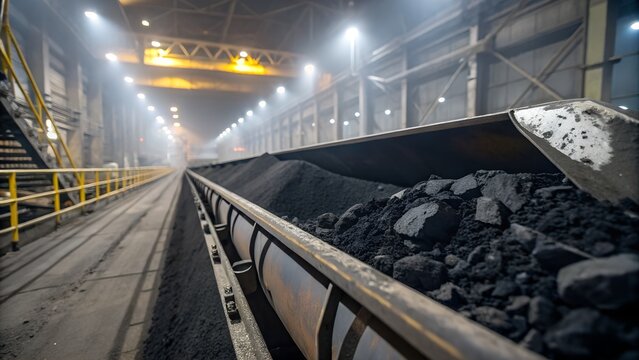 Industrial conveyor belt carrying raw coal through a modern mining processing facility. Energy production, bulk material handling and heavy industry concept.
