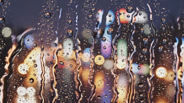 Colorful lights blurred through rainy window droplets.
